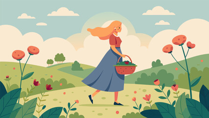 Taking a peaceful stroll through a wildflower field wearing a flowy dress and a woven basket in hand to collect berries for an afternoon dessert..