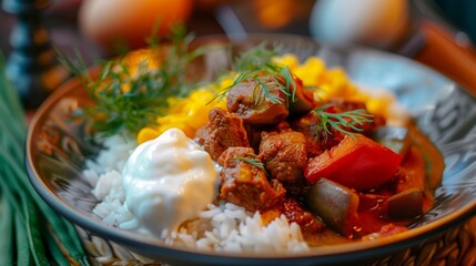 The cuisine of Bosnia and Herzegovina. Stewed meat with rice and vegetables gyuvech.