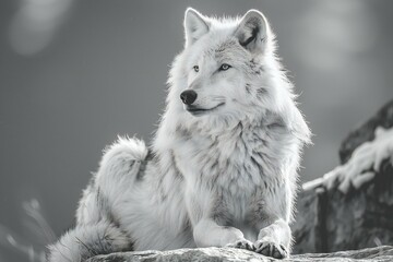 Portrait of a white wolf on a rock in the mountains