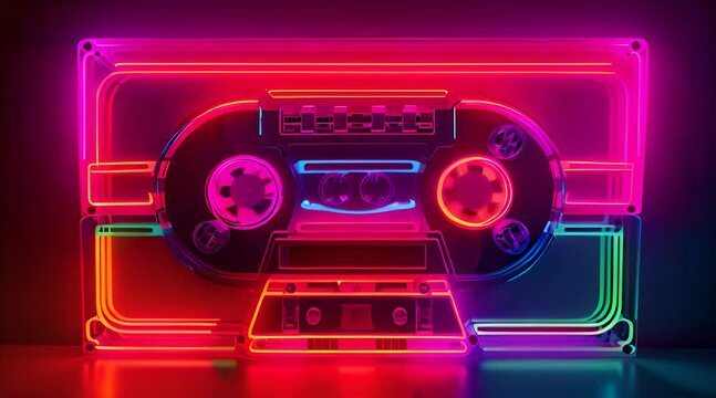 Neon cassette. Nostalgia of the 90s. Audio cassette for listening to music.	