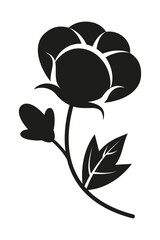 Obraz premium Organic ripe cotton sprout logo black silhouette with leaf and bud. Flat doodle style. Vector illustration.