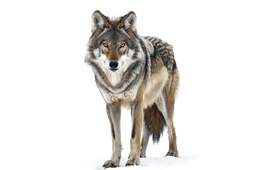 Grey wolf standing on snow isolated on white background, side view