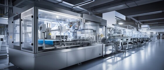 Fototapeta premium panoramic pharmaceutical packaging line, modern and efficient