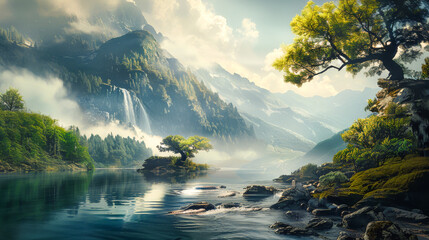 Fantasy Mountain Landscape with Waterfall