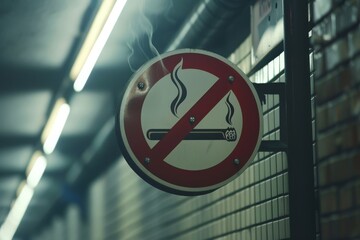 No smoking sign on the wall in a subway station, selective focus