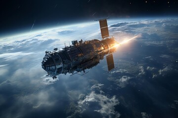 Naklejka premium high-orbit satellite, supporting weather forecasting and global communications