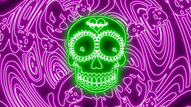 Seamless animation of a crazy mexican skull with purple neon. Funny Halloween background with fluorescent effect for parties and events.