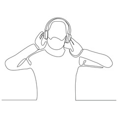 Continuous single one line sketch drawing of young man happy listening music melody on headphones earphone object technology entertainment vector illustration