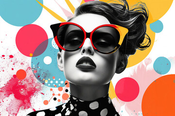 An image of a woman wearing sunglasses and a polka dot shirt, featuring a pop art style





