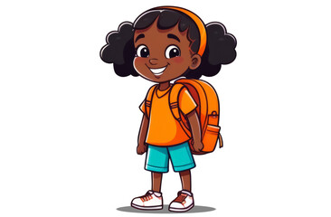 Joyful, happy schoolgirl with a briefcase on her shoulders. Isolation on a transparent background.