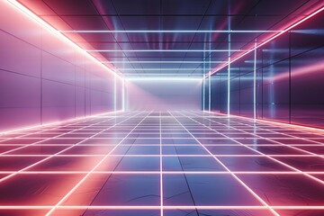 Glowing neon grid on the floor of an empty futuristic chamber, with ambient light creating a mysterious, hightech atmosphere