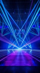 Highenergy blue and purple light beams crossing in a dark concert hall, creating an abstract disco effect, perfect for festival promotions