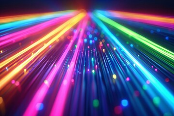 Highspeed neon lines in a spectrum of rainbow colors, creating a sense of swift data flow against a dark background with subtle bokeh effects