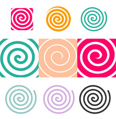 Spiral swirl shape design icon set vector graphic illustration, red purple blue green stroke lollipop candy, circle square whirl twist simple symbol, whirlpool twirl image clip art