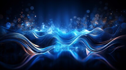 headphones and pulsating blue waves, audio technology theme