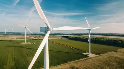 Wind Turbines in a Green Field A Drones Perspective, To provide a visually appealing and informative image of renewable energy technology