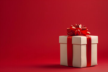 White gift box with red ribbon on red background