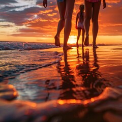 A woman and a child are walking in the ocean