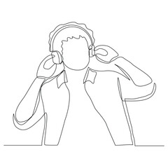 Continuous single one line sketch drawing of young man happy listening music melody on headphones earphone object technology entertainment vector illustration