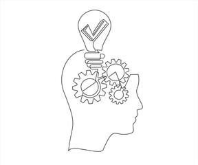 Continuous one line head with bulb, gear symbol drawing. Thinking ideas concept icon in simple doodle style. Continuous line vector illustration with editable stroke for poster, infographic, flyer