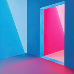 blue room with a pink door. The room is lit by a pink light coming from the door. The floor is reflecting the pink light. The image is rendered in a 3D software.