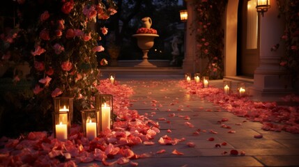 Candles and rose petals in the garden at night time.
