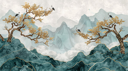a scene exuding vintage elegance with Chinese wave decorations framing a tranquil landscape