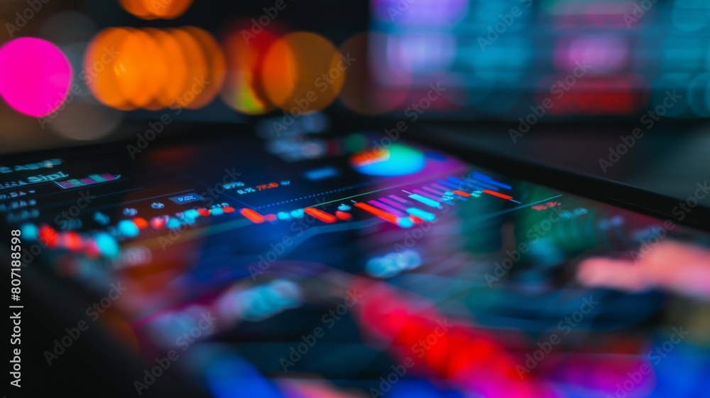 Poster Close-up of a stock market trading app on a mobile device, with colorful graphs and charts depicting market volatility and price movements.