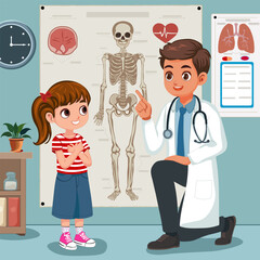 The doctor tells the little girl, how does the human body work? Vector illustration. - obrazy, fototapety, plakaty