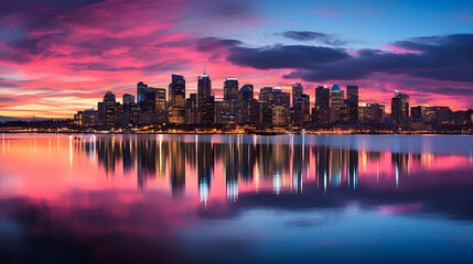 Fototapeta premium City skyline with dramatic evening sky reflecting in calm water 