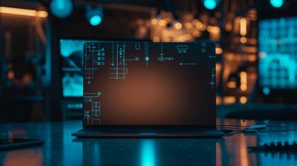 Obraz premium A laptop is open on a table with a blue background. The screen is lit up with a bright blue light. The laptop is displaying a complex circuit board with many small lights