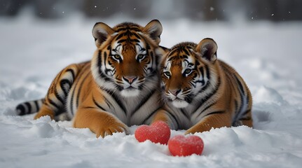 Obraz premium A cute tiger lying on a snow with baby tiger and holding.generative.ai