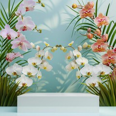 Simple podium set against a backdrop of exotic orchids, their intricate patterns providing a stunning visual with ample copy space