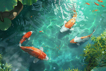 Koi fishes in water of pond in Japanese garden. Summer background, realistic illustration with colorful carp koi fishes