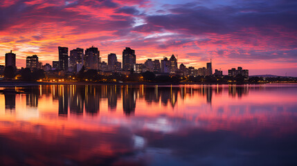 Fototapeta premium City skyscrapers reflected in water at sunset