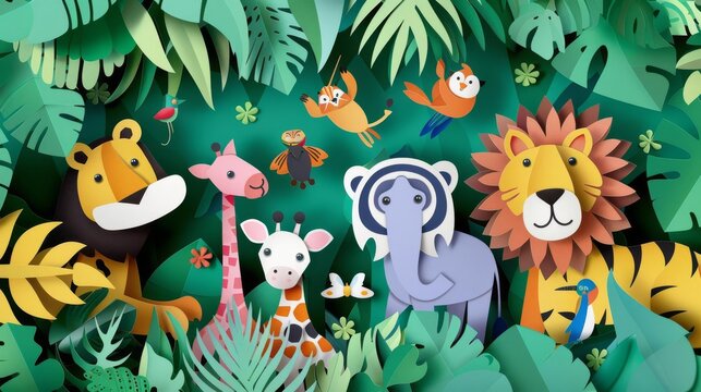 Playful paper craft pattern of animals in a jungle setting, crafted with vibrant colors and a flat design, great for childrens themes with copy space
