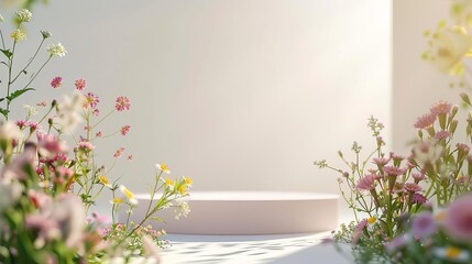 Minimalist podium framed by a subtle arrangement of wildflowers, creating a soft, natural aesthetic with space for text