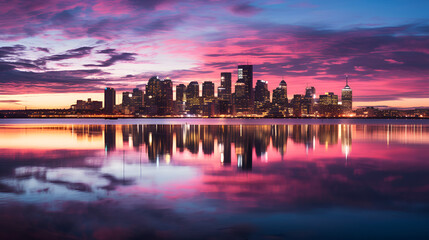 Cityscape mirrored in lake at sunset