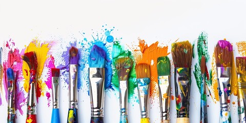 Set of different dirty paint brushes with gouache isolated on white. Composition of colorful painting brushes for drawing arranged in a row. Concept of hobbies and creativity. Banner with copy space