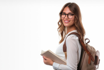 A woman student, wearing glasses and a backpack, holding a book.