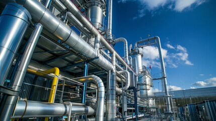 Hydrogen Power Plant with Large Steel Tanks and Pipes, Clean H2 Energy Concept, Wide Angle