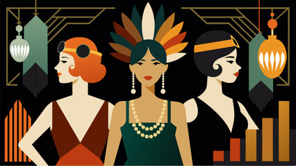 The roaring 20s come to life with flapper dresses feathered headbands and art decoinspired accessories.. Vector illustration