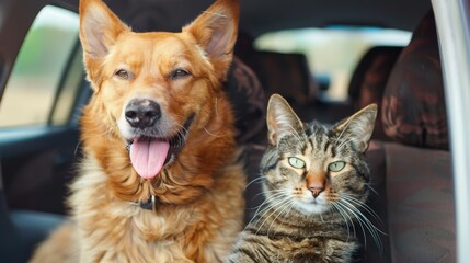 best friend cat and dog riding in a car together having fun