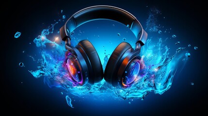 dynamic headphones with vibrant blue sound waves