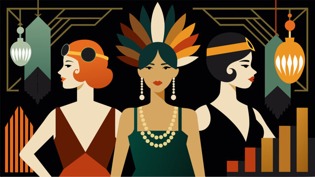 The roaring 20s come to life with flapper dresses feathered headbands and art decoinspired accessories.. Vector illustration