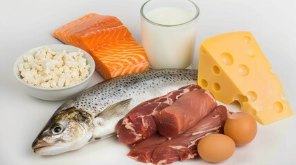 various high-iron foods such as fish, meat, and eggs arranged alongside a glass of milk on a clean white background, providing ample space for copy or conceptual designs.