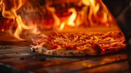 Close-up of a wood-fired oven with flames roaring, baking a crispy crust pizza to perfection, infusing it with smoky flavor.