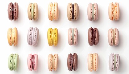 Various macaron positions isolated on white background in pastel hues