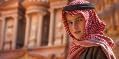 Obraz premium A thoughtful young boy in a traditional checkered keffiyeh stands near ancient ruins