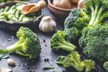 Vegan broccoli with Asian cooking ingredients Vegetarian and diet friendly food idea